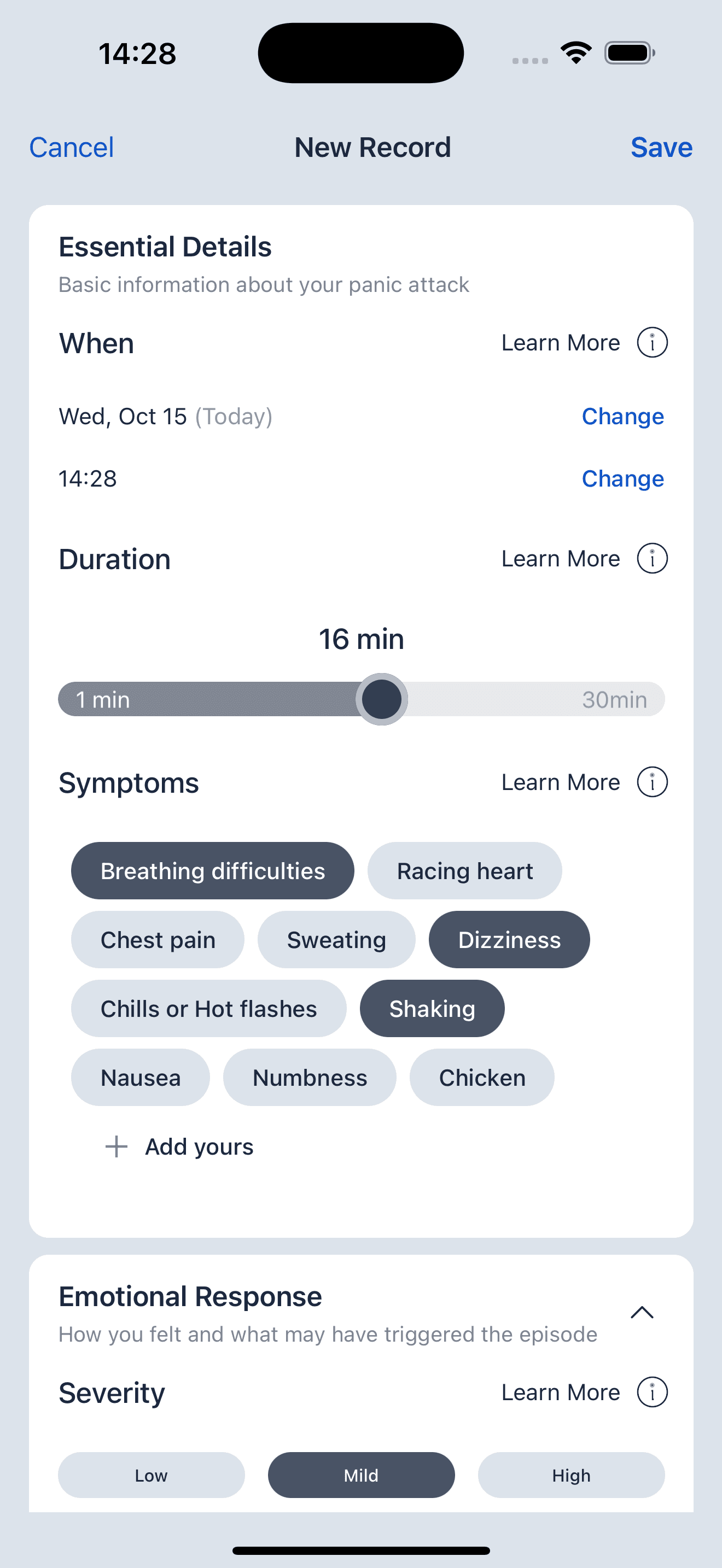 Record panic attack interface